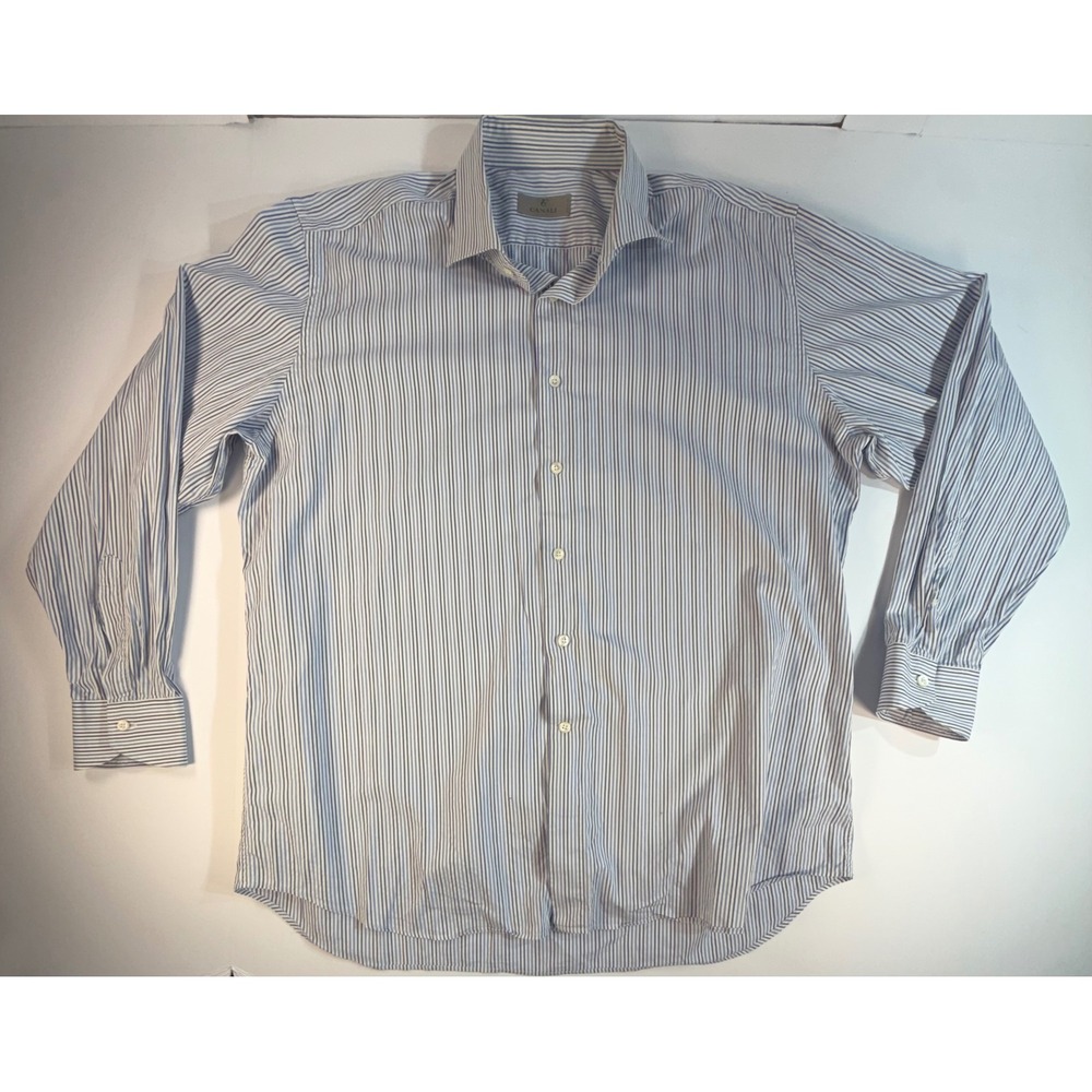 Canali 1934 Mens Blue White Striped Dress Shirt Size 46 18 Made in Italy Cotton